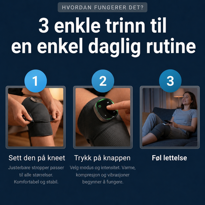 Tre steg for bruk av VitalNorge KneePro – sett på, trykk på knapp, slapp av