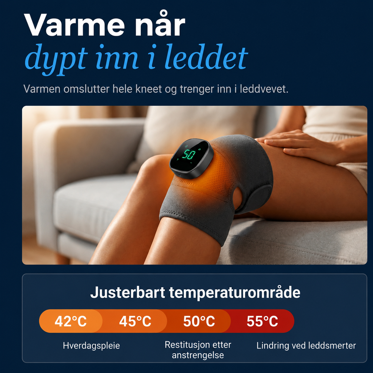 VitalNorge KneePro justerbar varme 42–55°C for kneleddet