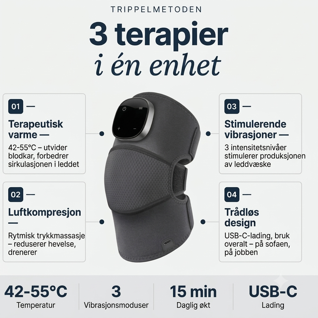 VitalNorge KneePro trippelmetode – varme, kompresjon og vibrasjon forklart