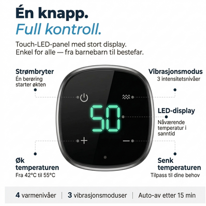 VitalNorge KneePro touch-LED-panel med temperatur- og vibrasjonskontroll